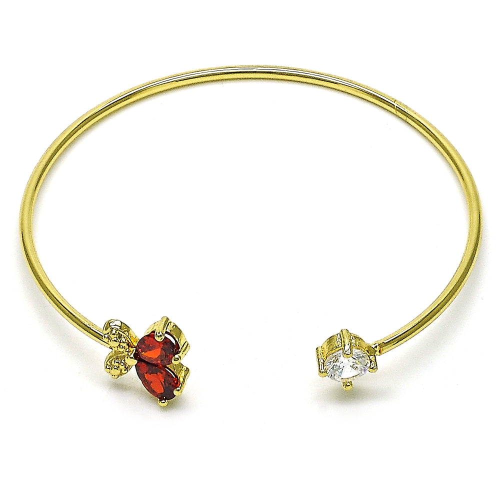 Oro Laminado Individual Bangle, Gold Filled Style Butterfly Design, with Garnet and White Cubic Zirconia, Polished, Golden Finish