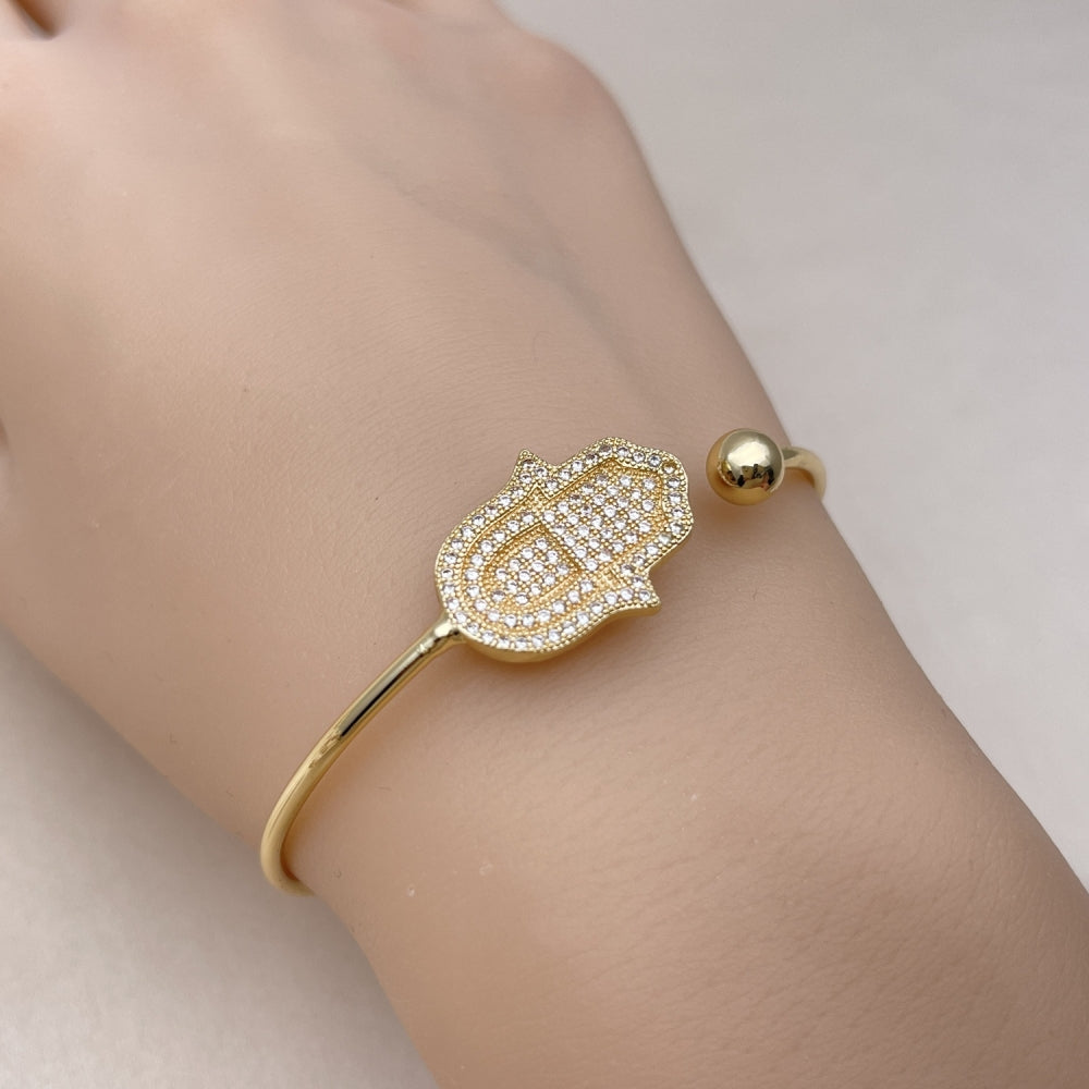 Oro Laminado Individual Bangle, Gold Filled Style Hand of God Design, with White Micro Pave, Polished, Golden Finish