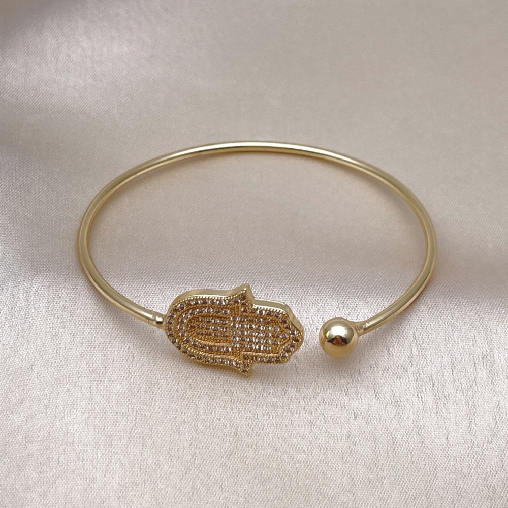 Oro Laminado Individual Bangle, Gold Filled Style Hand of God Design, with White Micro Pave, Polished, Golden Finish