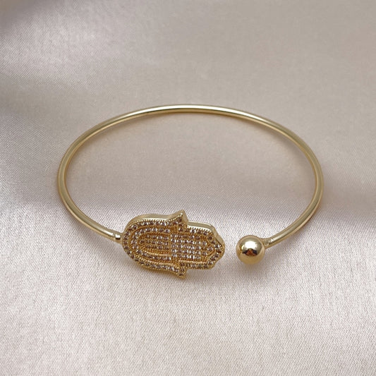 Oro Laminado Individual Bangle, Gold Filled Style Hand of God Design, with White Micro Pave, Polished, Golden Finish