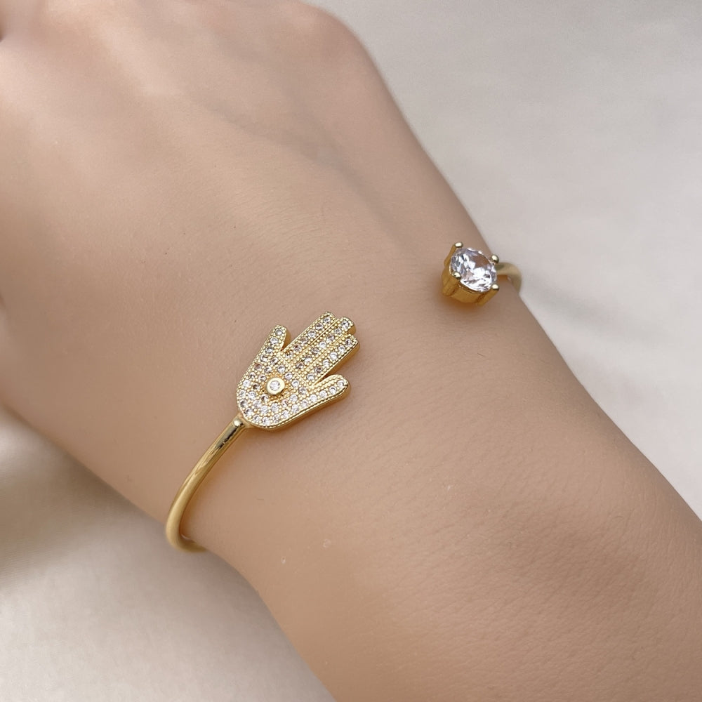 Oro Laminado Individual Bangle, Gold Filled Style Hand of God Design, with White Micro Pave and White Cubic Zirconia, Polished, Golden Finish