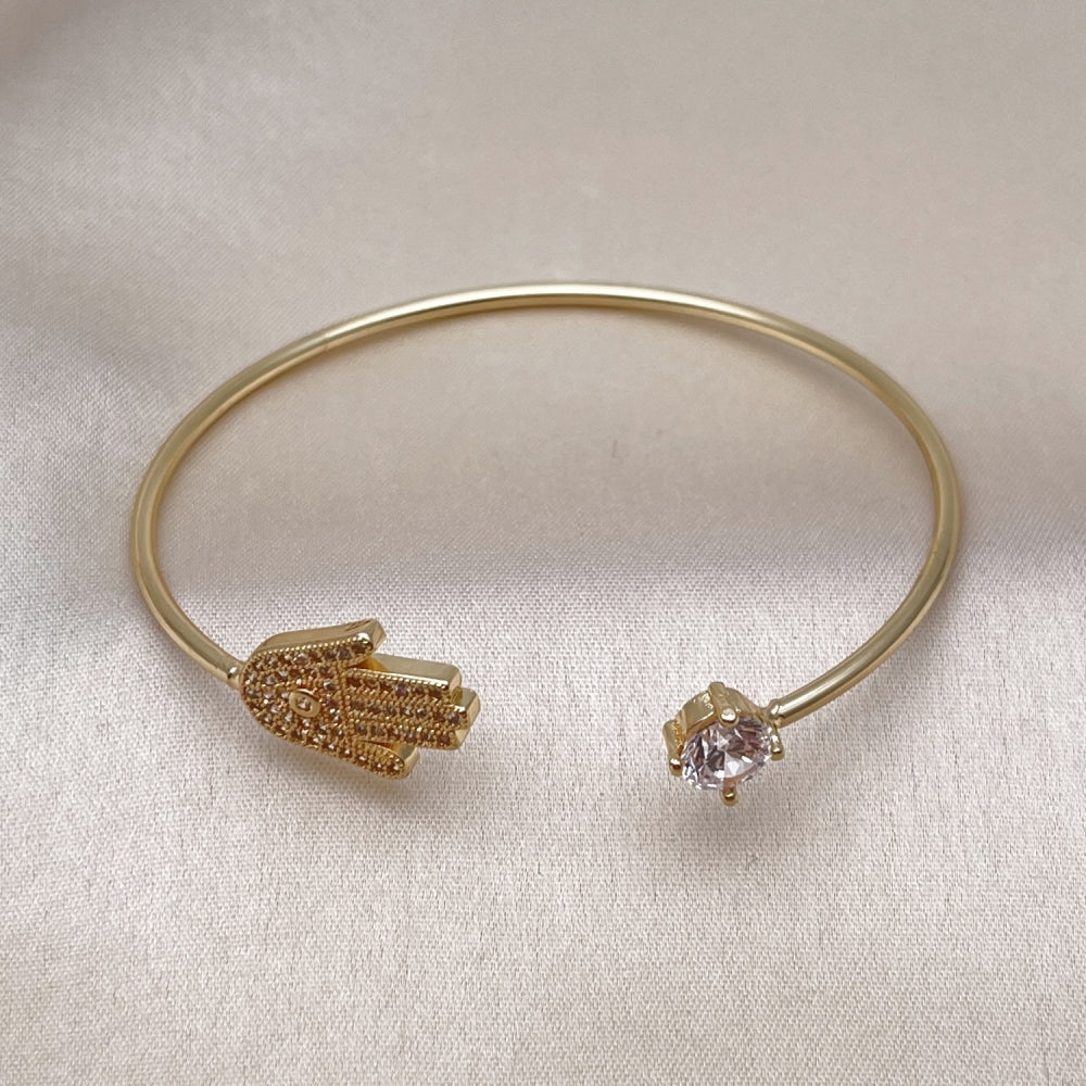 Oro Laminado Individual Bangle, Gold Filled Style Hand of God Design, with White Micro Pave and White Cubic Zirconia, Polished, Golden Finish