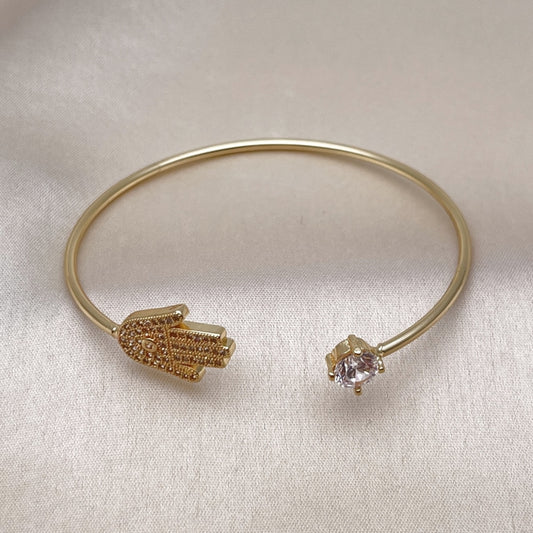 Oro Laminado Individual Bangle, Gold Filled Style Hand of God Design, with White Micro Pave and White Cubic Zirconia, Polished, Golden Finish