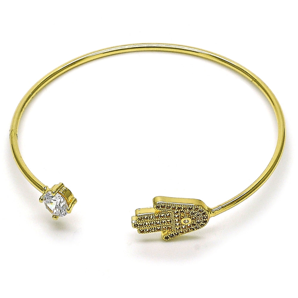 Oro Laminado Individual Bangle, Gold Filled Style Hand of God Design, with White Micro Pave and White Cubic Zirconia, Polished, Golden Finish