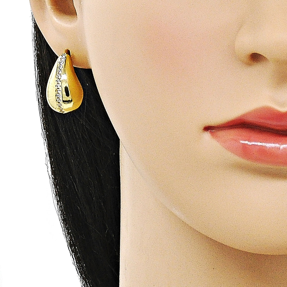 Oro Laminado Stud Earring, Gold Filled Style Teardrop Design, with White Micro Pave, Polished, Golden Finish