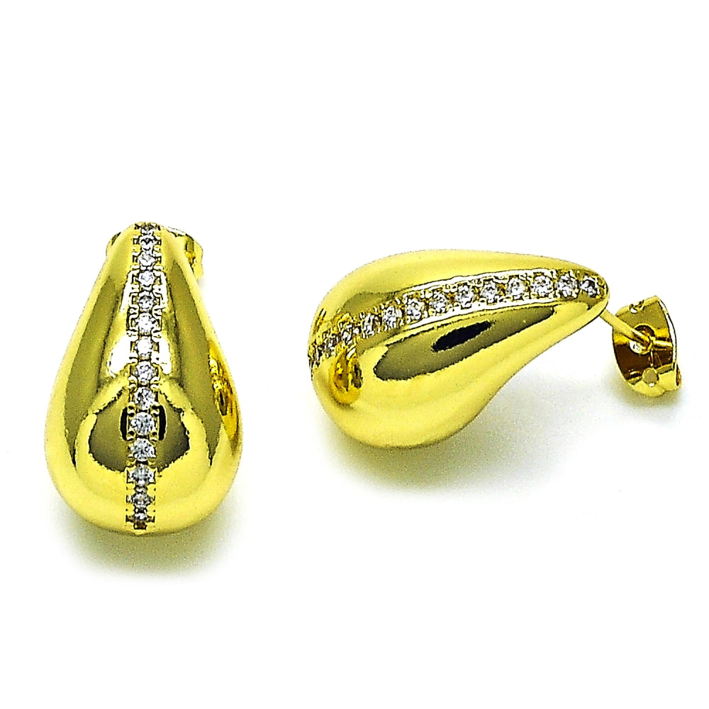 Oro Laminado Stud Earring, Gold Filled Style Teardrop Design, with White Micro Pave, Polished, Golden Finish