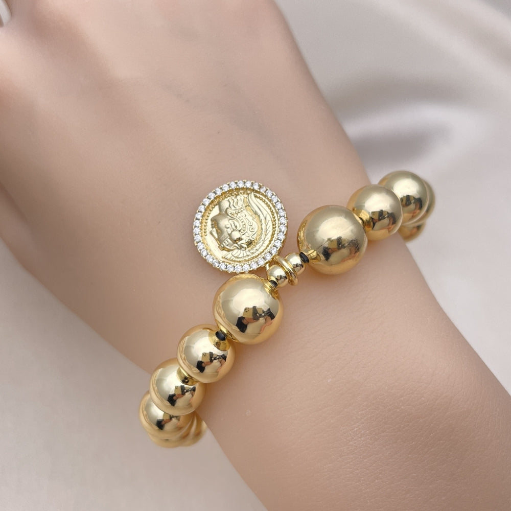 Oro Laminado Fancy Bracelet, Gold Filled Style Expandable Bead and Ball Design, with White Micro Pave, Polished, Golden Finish