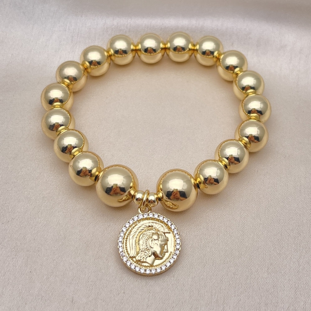 Oro Laminado Fancy Bracelet, Gold Filled Style Expandable Bead and Ball Design, with White Micro Pave, Polished, Golden Finish