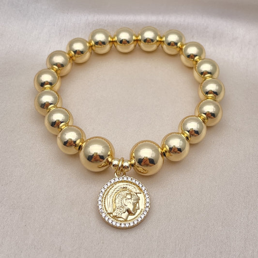 Oro Laminado Fancy Bracelet, Gold Filled Style Expandable Bead and Ball Design, with White Micro Pave, Polished, Golden Finish