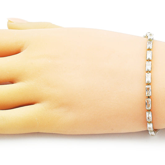 Oro Laminado Tennis Bracelet, Gold Filled Style Baguette Design, with White Cubic Zirconia, Polished, Golden Finish