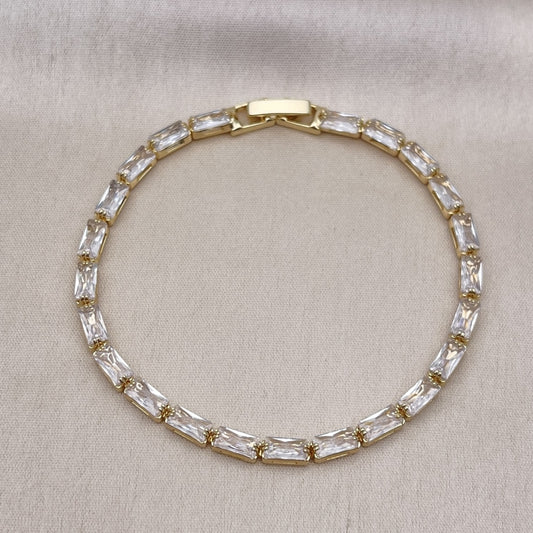 Oro Laminado Tennis Bracelet, Gold Filled Style Baguette Design, with White Cubic Zirconia, Polished, Golden Finish