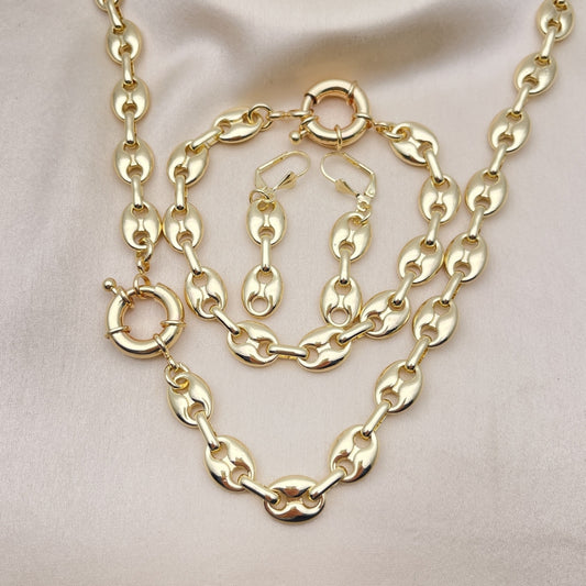 Oro Laminado Necklace, Bracelet and Earring, Gold Filled Style Puff Mariner Design, Polished, Golden Finish