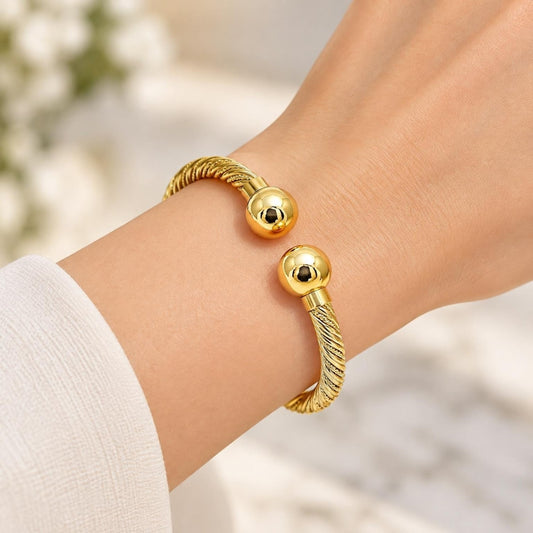 Oro Laminado Individual Bangle, Gold Filled Style Ball and Twist Design, Polished, Golden Finish