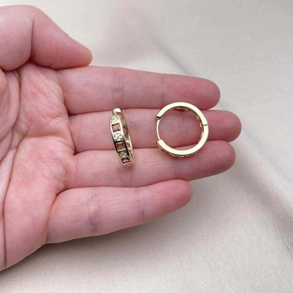 Oro Laminado Huggie Hoop, Gold Filled Style with Multicolor and White Cubic Zirconia, Polished, Golden Finish
