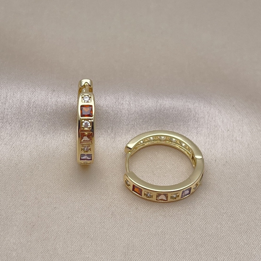 Oro Laminado Huggie Hoop, Gold Filled Style with Multicolor and White Cubic Zirconia, Polished, Golden Finish