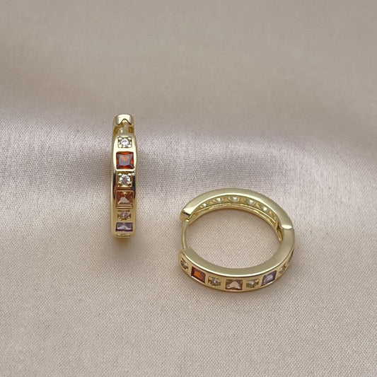 Oro Laminado Huggie Hoop, Gold Filled Style with Multicolor and White Cubic Zirconia, Polished, Golden Finish