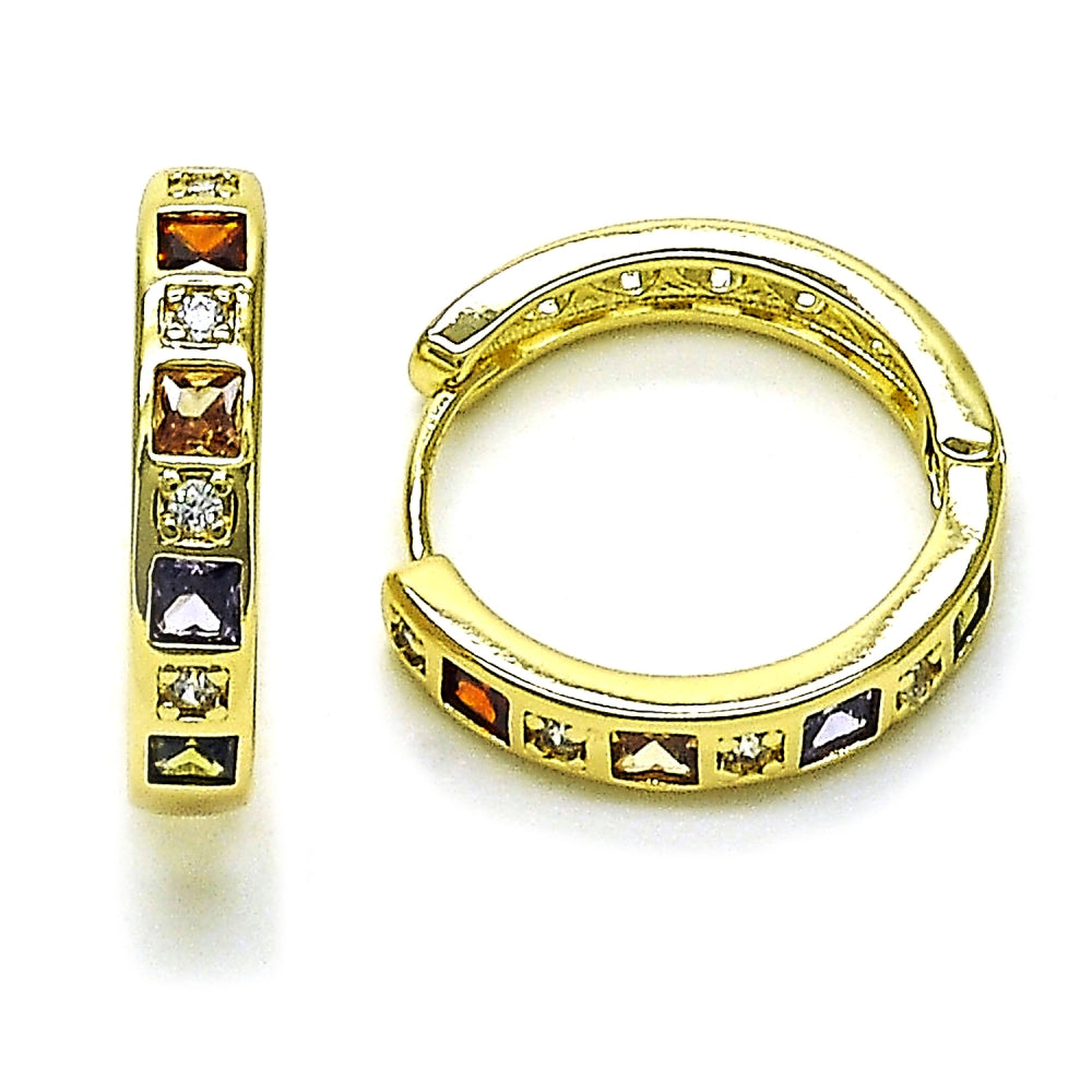 Oro Laminado Huggie Hoop, Gold Filled Style with Multicolor and White Cubic Zirconia, Polished, Golden Finish