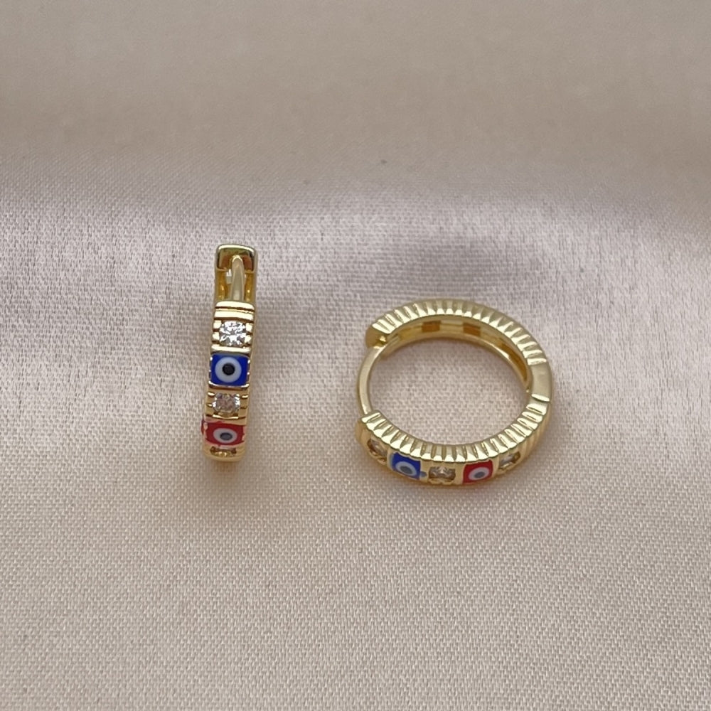 Oro Laminado Huggie Hoop, Gold Filled Style Evil Eye Design, with White Cubic Zirconia, Multicolor Enamel Finish, Golden Finish