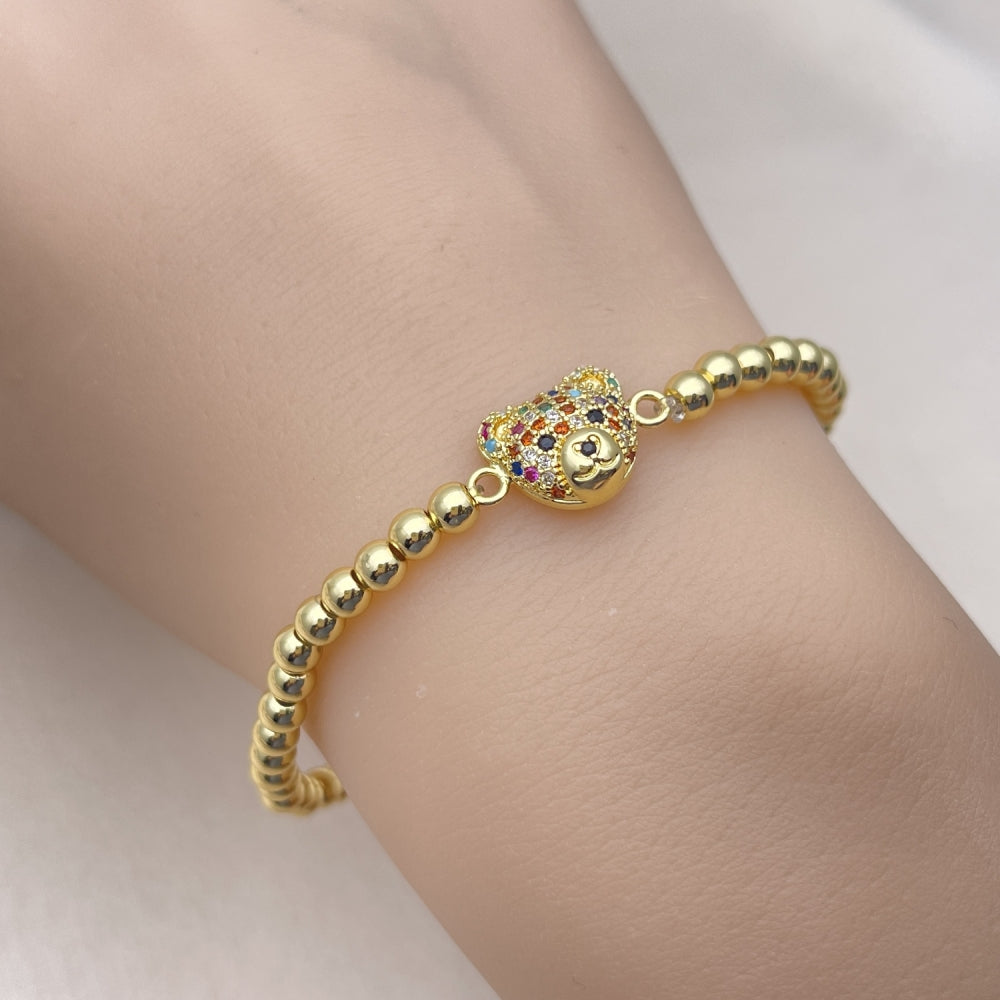 Oro Laminado Fancy Bracelet, Gold Filled Style Expandable Bead and Teddy Bear Design, with Multicolor Micro Pave, Polished, Golden Finish