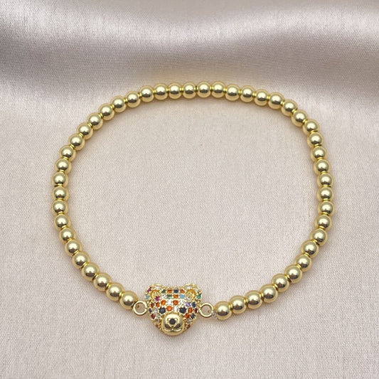 Oro Laminado Fancy Bracelet, Gold Filled Style Expandable Bead and Teddy Bear Design, with Multicolor Micro Pave, Polished, Golden Finish