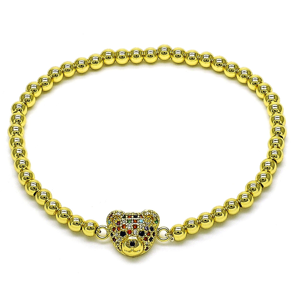 Oro Laminado Fancy Bracelet, Gold Filled Style Expandable Bead and Teddy Bear Design, with Multicolor Micro Pave, Polished, Golden Finish