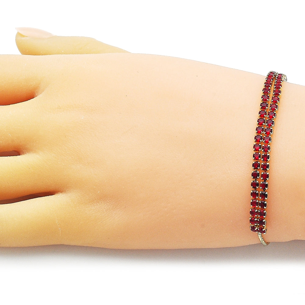 Oro Laminado Adjustable Bolo Bracelet, Gold Filled Style with Garnet Cubic Zirconia, Polished, Golden Finish