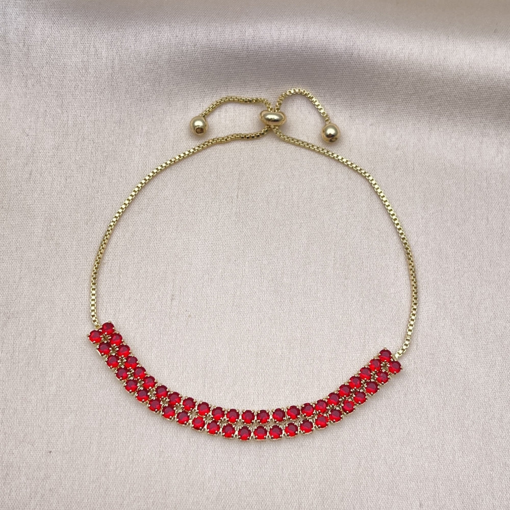 Oro Laminado Adjustable Bolo Bracelet, Gold Filled Style with Garnet Cubic Zirconia, Polished, Golden Finish