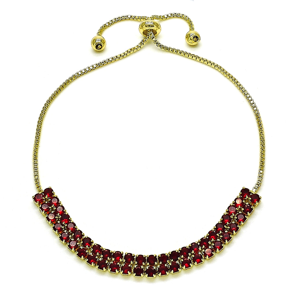 Oro Laminado Adjustable Bolo Bracelet, Gold Filled Style with Garnet Cubic Zirconia, Polished, Golden Finish