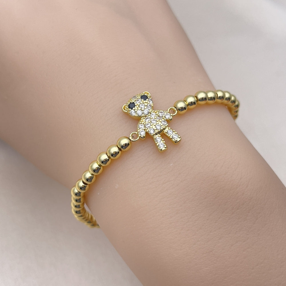 Oro Laminado Fancy Bracelet, Gold Filled Style Expandable Bead and Teddy Bear Design, with White and Black Micro Pave, Polished, Golden Finish