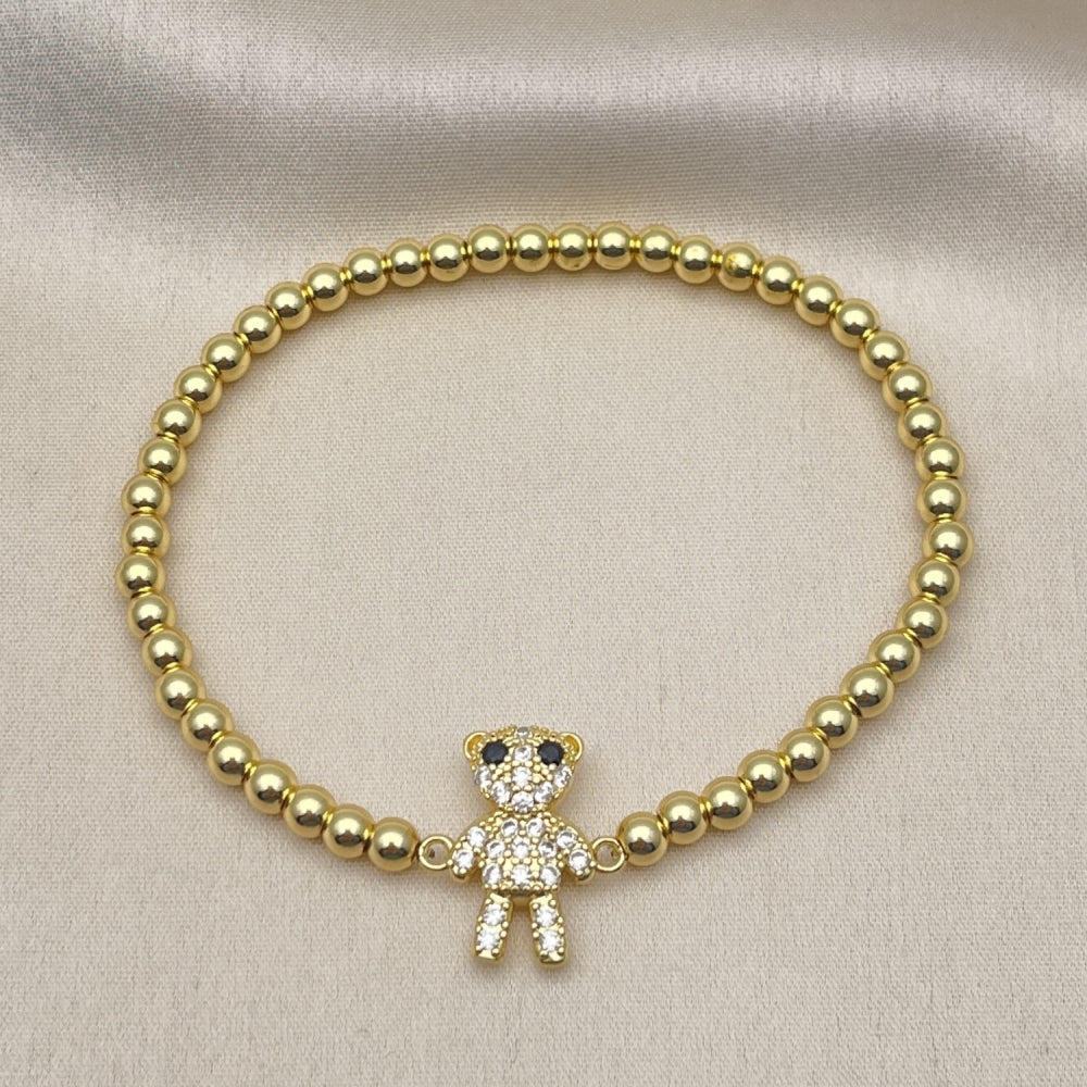 Oro Laminado Fancy Bracelet, Gold Filled Style Expandable Bead and Teddy Bear Design, with White and Black Micro Pave, Polished, Golden Finish