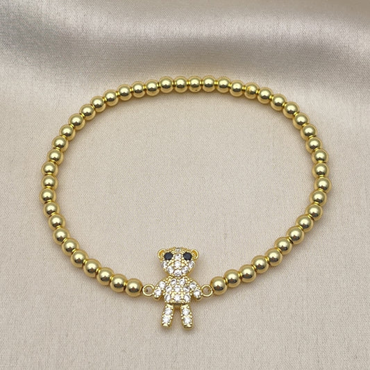 Oro Laminado Fancy Bracelet, Gold Filled Style Expandable Bead and Teddy Bear Design, with White and Black Micro Pave, Polished, Golden Finish