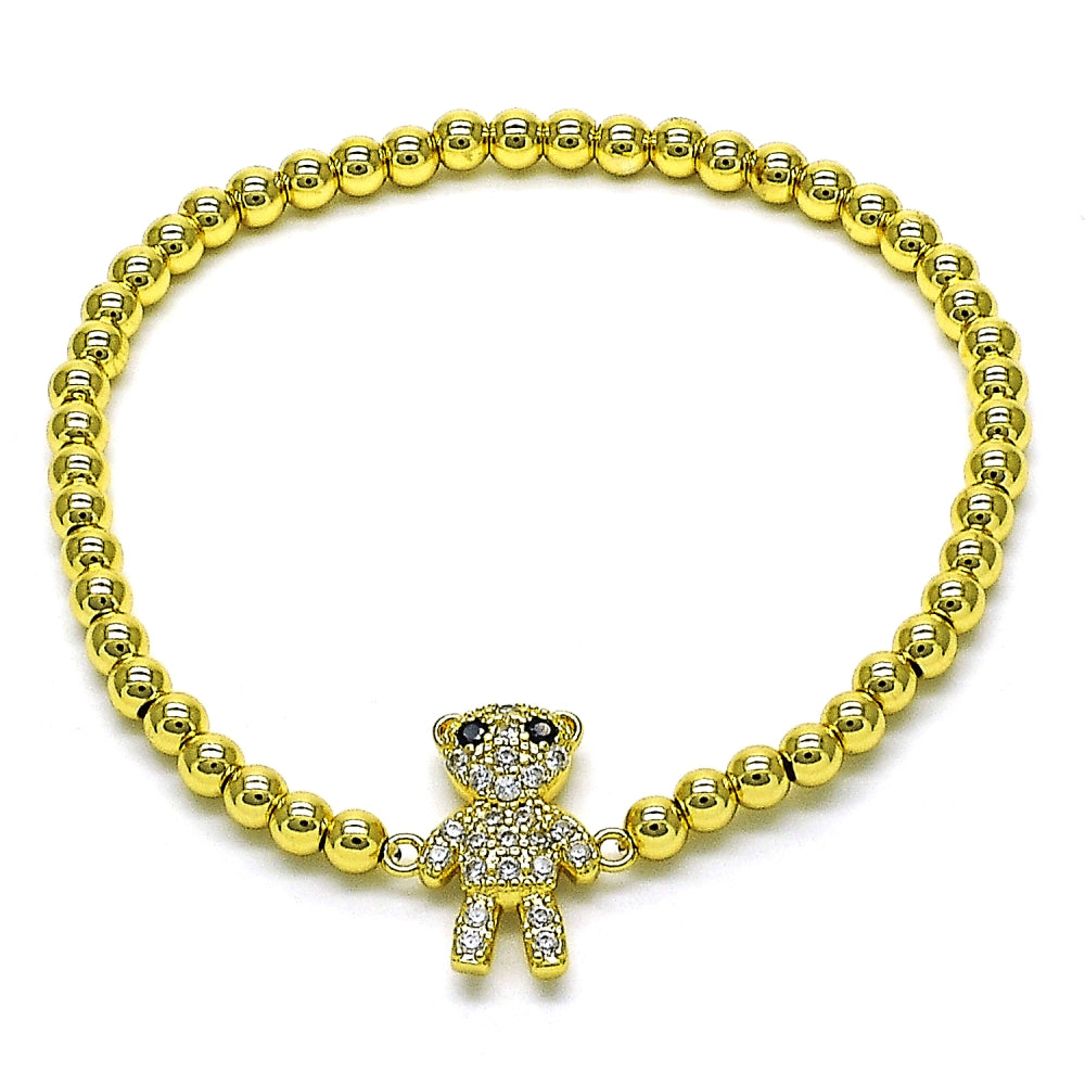 Oro Laminado Fancy Bracelet, Gold Filled Style Expandable Bead and Teddy Bear Design, with White and Black Micro Pave, Polished, Golden Finish