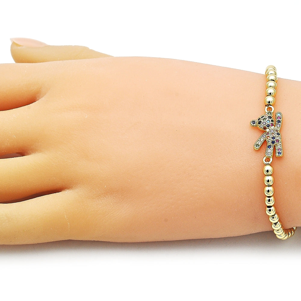 Oro Laminado Fancy Bracelet, Gold Filled Style Expandable Bead and Teddy Bear Design, with Multicolor Micro Pave, Polished, Golden Finish