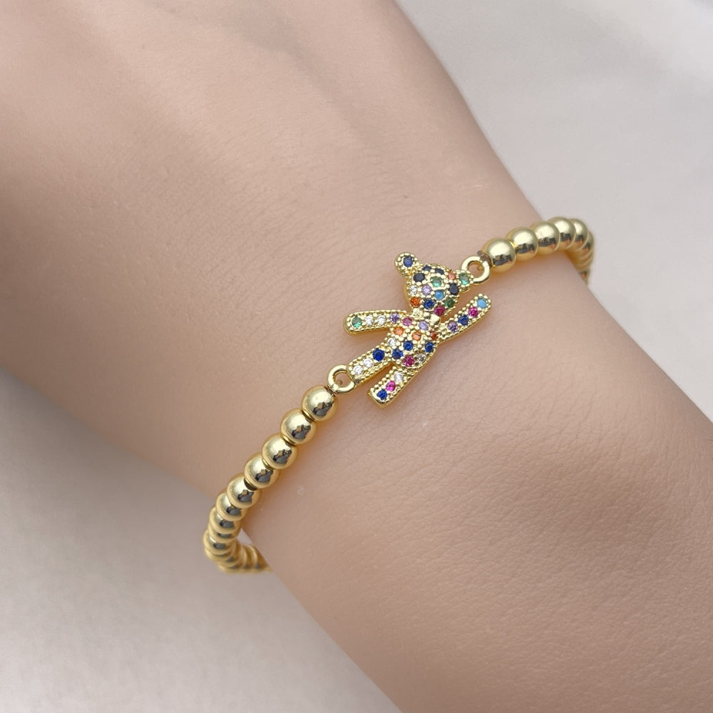 Oro Laminado Fancy Bracelet, Gold Filled Style Expandable Bead and Teddy Bear Design, with Multicolor Micro Pave, Polished, Golden Finish