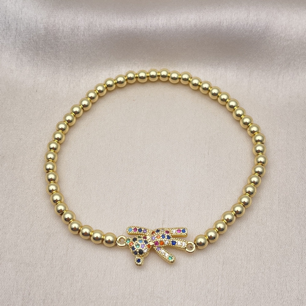Oro Laminado Fancy Bracelet, Gold Filled Style Expandable Bead and Teddy Bear Design, with Multicolor Micro Pave, Polished, Golden Finish