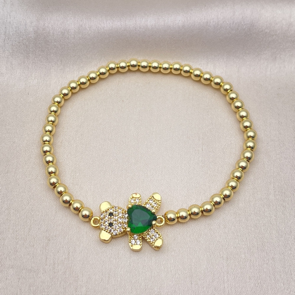 Oro Laminado Fancy Bracelet, Gold Filled Style Expandable Bead and Teddy Bear Design, with White and Black Micro Pave, Polished, Golden Finish