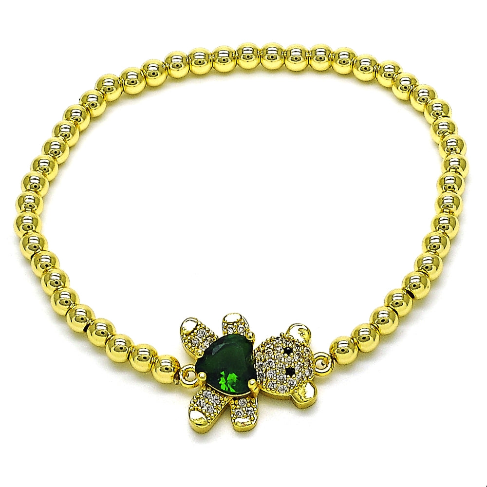 Oro Laminado Fancy Bracelet, Gold Filled Style Expandable Bead and Teddy Bear Design, with White and Black Micro Pave, Polished, Golden Finish