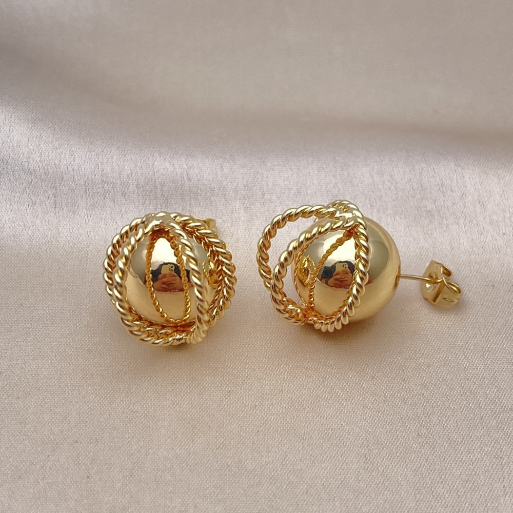 Oro Laminado Stud Earring, Gold Filled Style Ball and Twist Design, Polished, Golden Finish