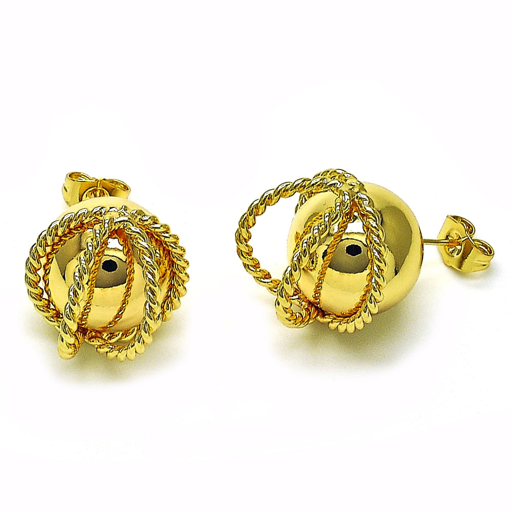 Oro Laminado Stud Earring, Gold Filled Style Ball and Twist Design, Polished, Golden Finish