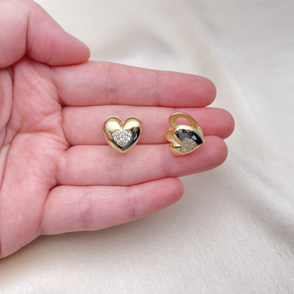 Oro Laminado Huggie Hoop, Gold Filled Style Heart Design, with White Micro Pave, Polished, Golden Finish