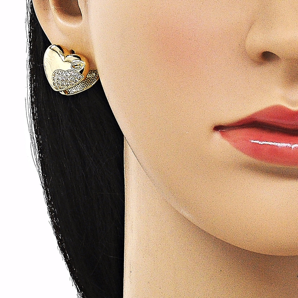Oro Laminado Stud Earring, Gold Filled Style Heart Design, with White Micro Pave, Polished, Golden Finish