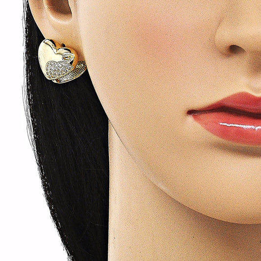Oro Laminado Stud Earring, Gold Filled Style Heart Design, with White Micro Pave, Polished, Golden Finish
