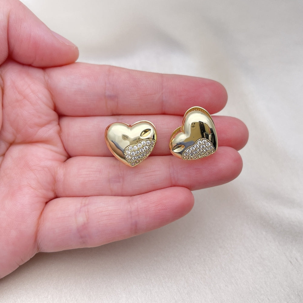 Oro Laminado Stud Earring, Gold Filled Style Heart Design, with White Micro Pave, Polished, Golden Finish