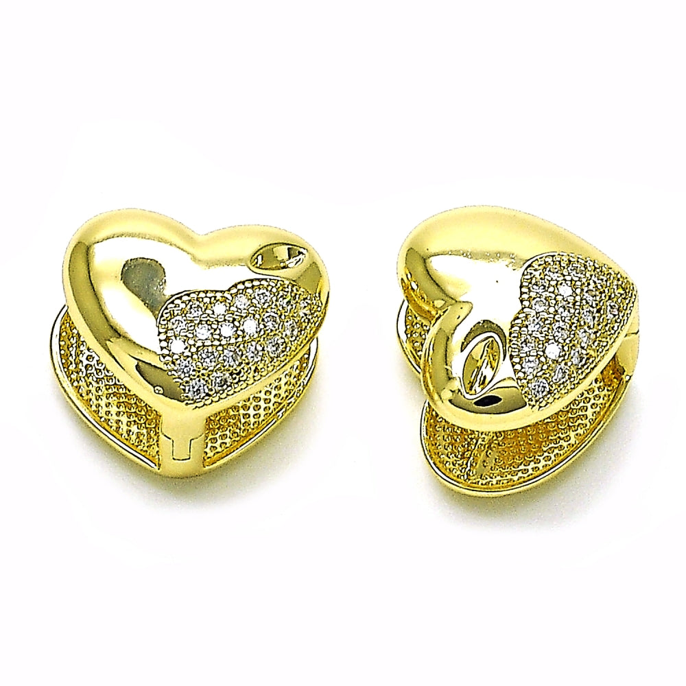 Oro Laminado Stud Earring, Gold Filled Style Heart Design, with White Micro Pave, Polished, Golden Finish