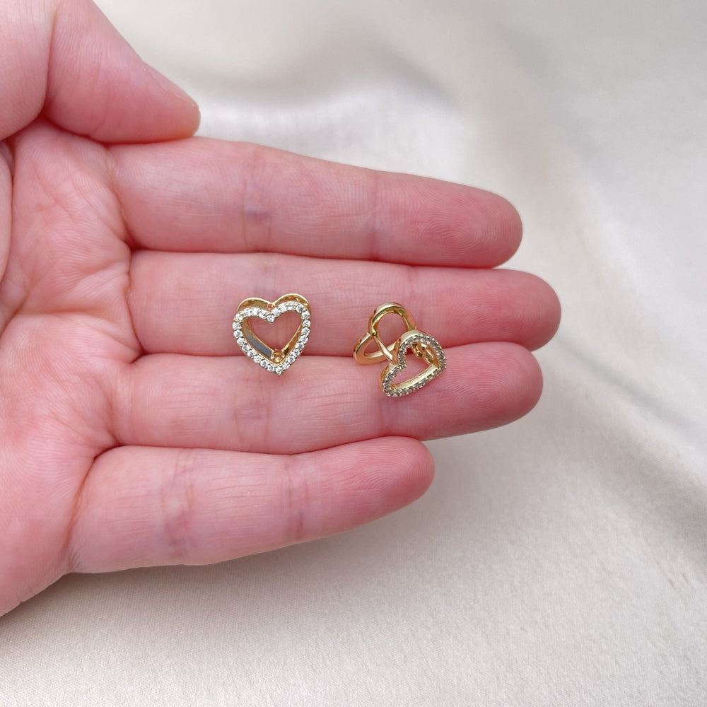 Oro Laminado Huggie Hoop, Gold Filled Style Heart Design, with White Micro Pave, Polished, Golden Finish