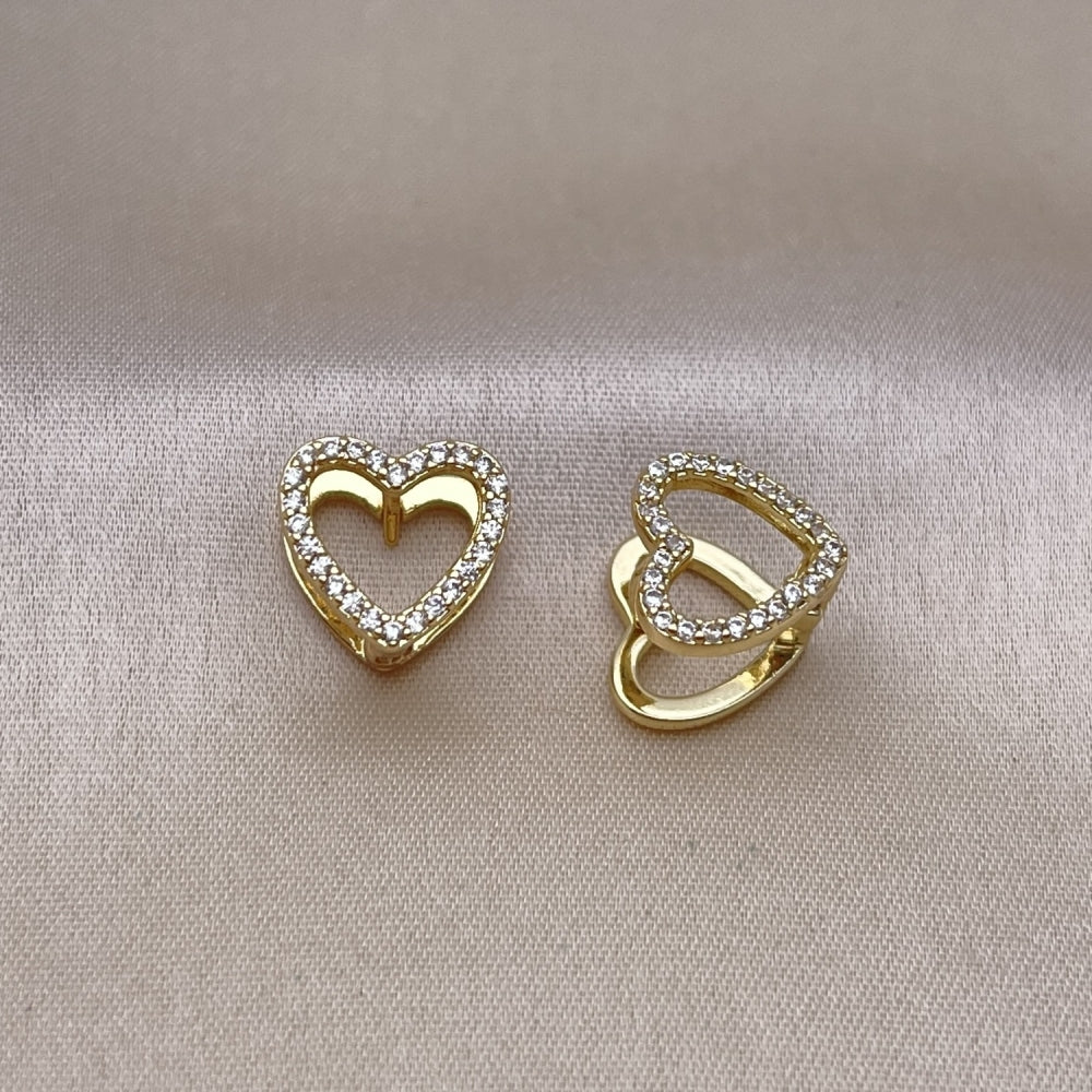 Oro Laminado Huggie Hoop, Gold Filled Style Heart Design, with White Micro Pave, Polished, Golden Finish