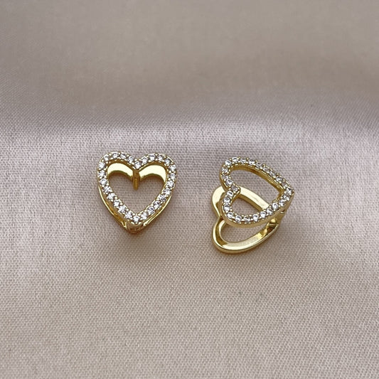 Oro Laminado Huggie Hoop, Gold Filled Style Heart Design, with White Micro Pave, Polished, Golden Finish