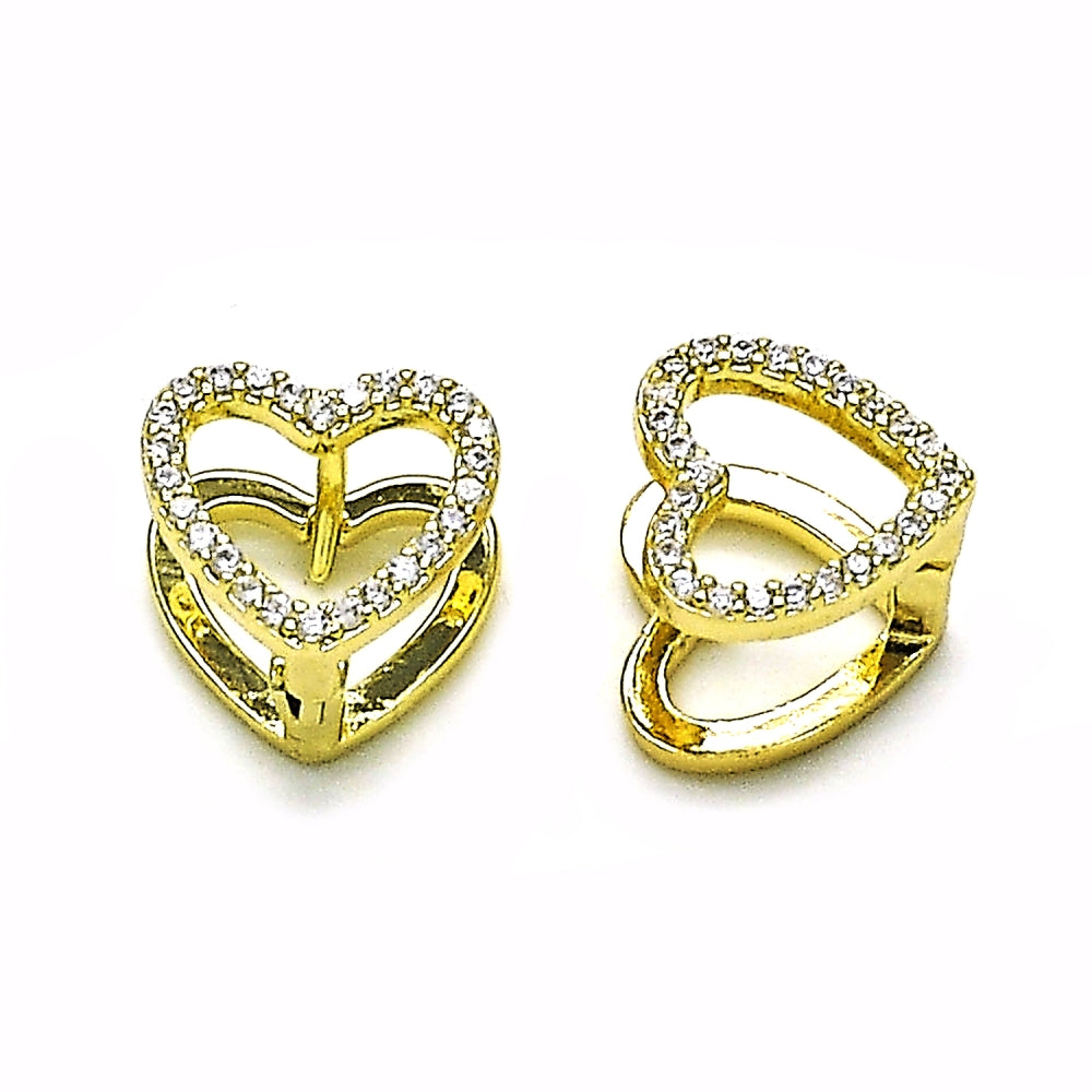Oro Laminado Huggie Hoop, Gold Filled Style Heart Design, with White Micro Pave, Polished, Golden Finish