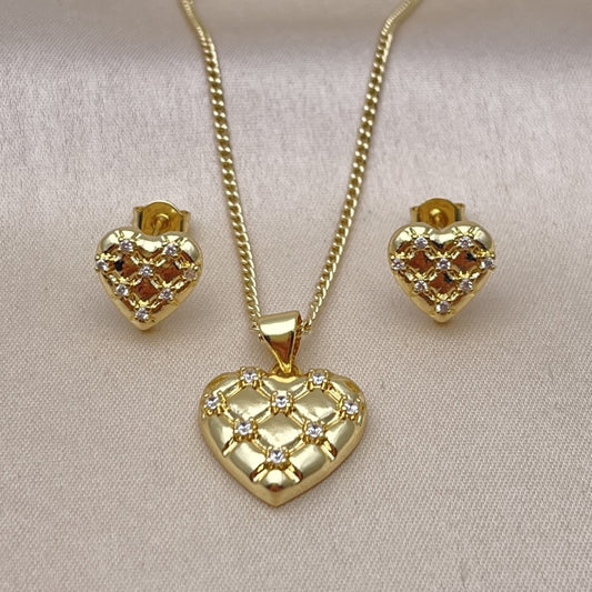 Oro Laminado Earring and Pendant Adult Set, Gold Filled Style Heart Design, with White Cubic Zirconia, Polished, Golden Finish