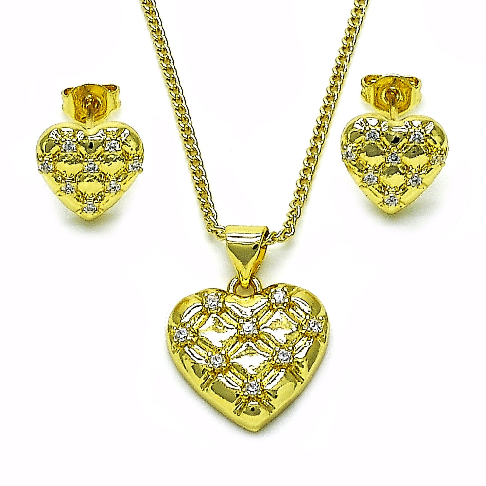 Oro Laminado Earring and Pendant Adult Set, Gold Filled Style Heart Design, with White Cubic Zirconia, Polished, Golden Finish